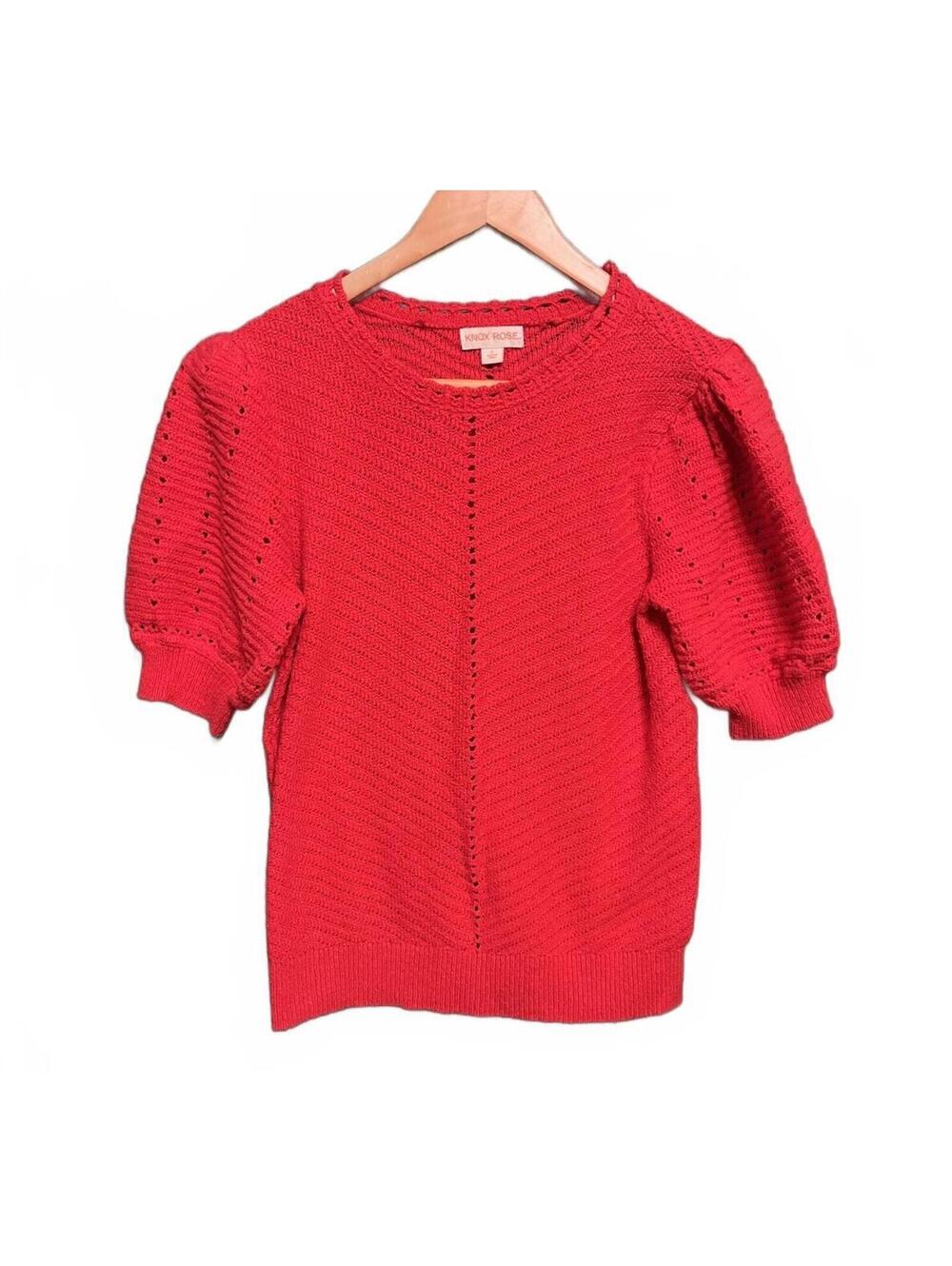 Knox Rose Size S Red Crochet Knit Short Sleeve Puff Shoulder Cottagecore Top